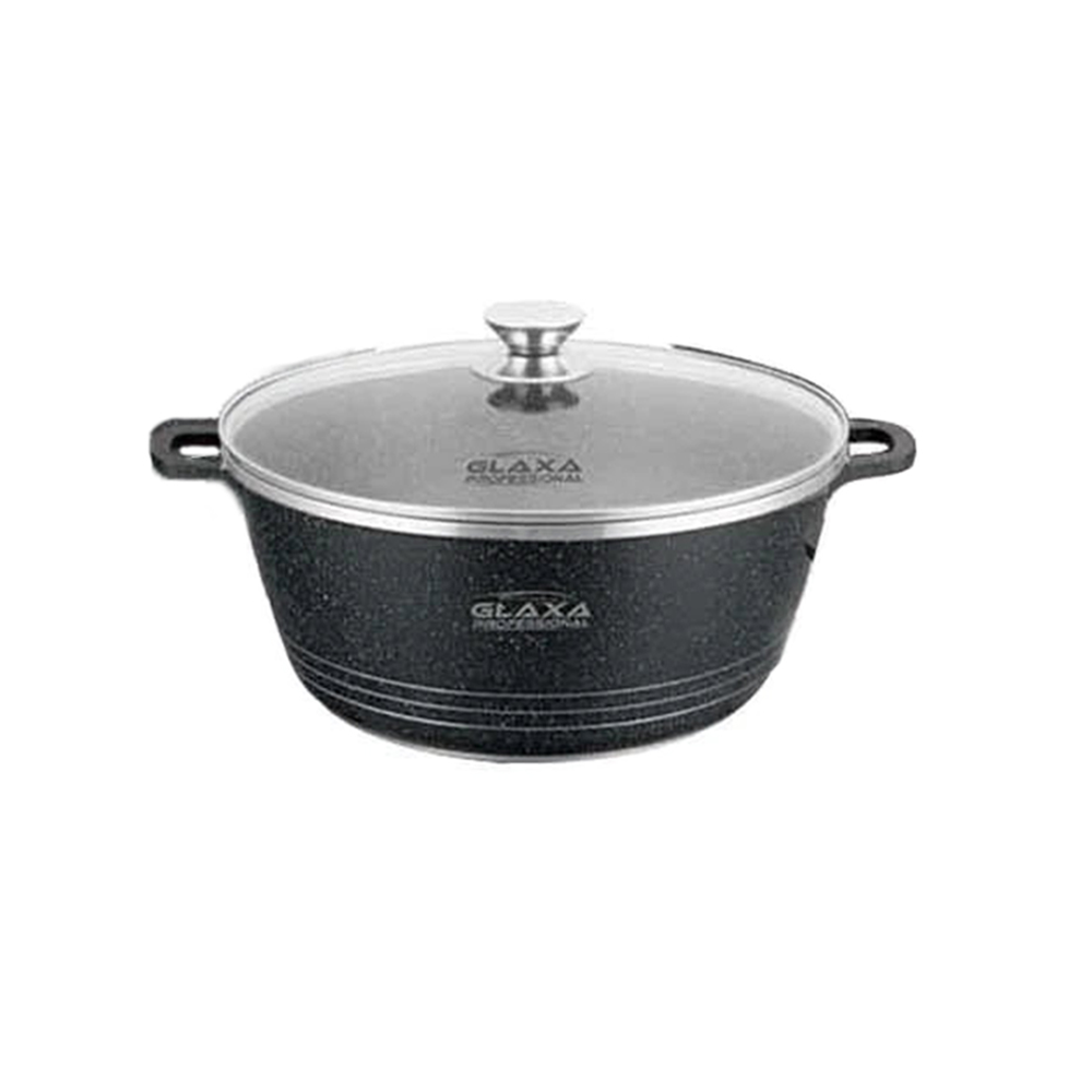 Glaxa Professional 36cm Non-Stick Jumbo Stockpot with Glass Lid Black Die-Cast Aluminium Casserole Pot Induction Compatible Cooking Pot