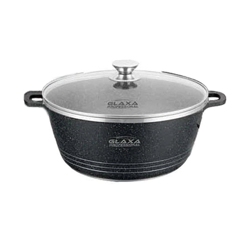 Glaxa Professional 44cm Non-Stick Jumbo Stockpot with Glass Lid Black Die-Cast Aluminium Casserole Pot Induction Compatible Cooking Pot