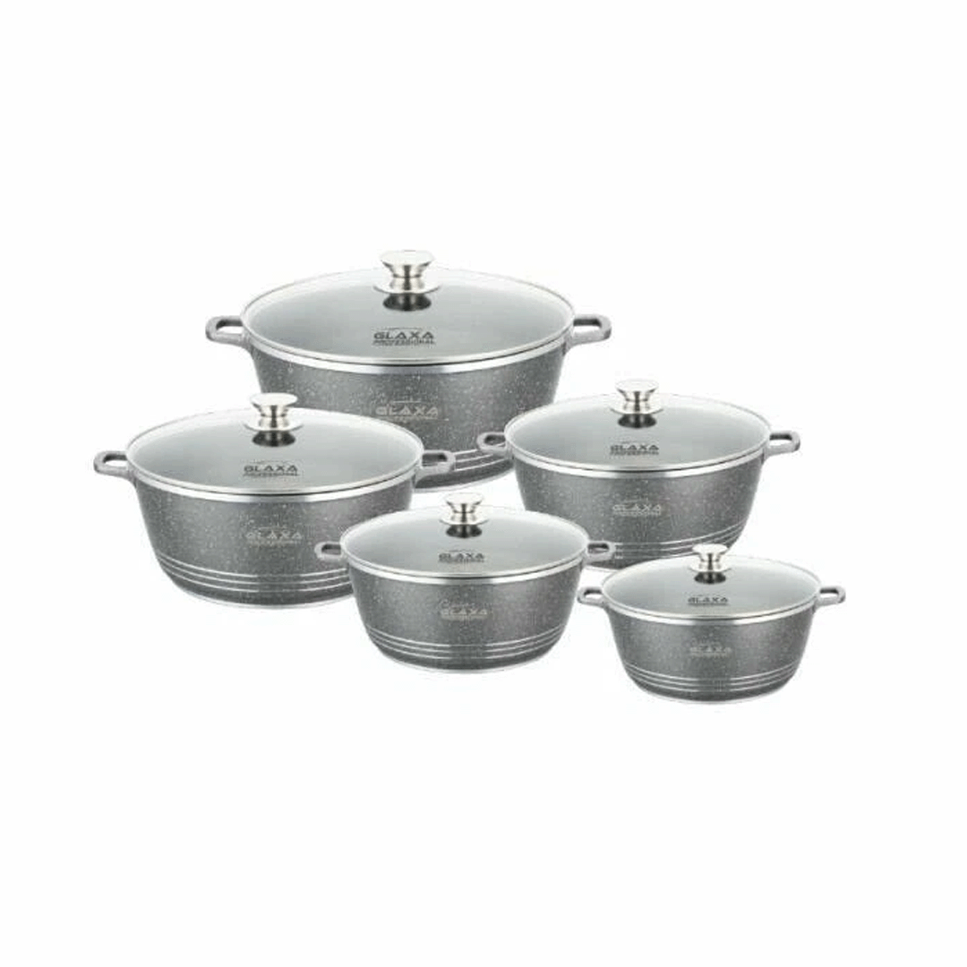 Glaxa 5pc Silver Marble Coated Non-Stick Cookware Set – 20, 24, 28, 30 & 32 cm Induction Stockpots with Lids