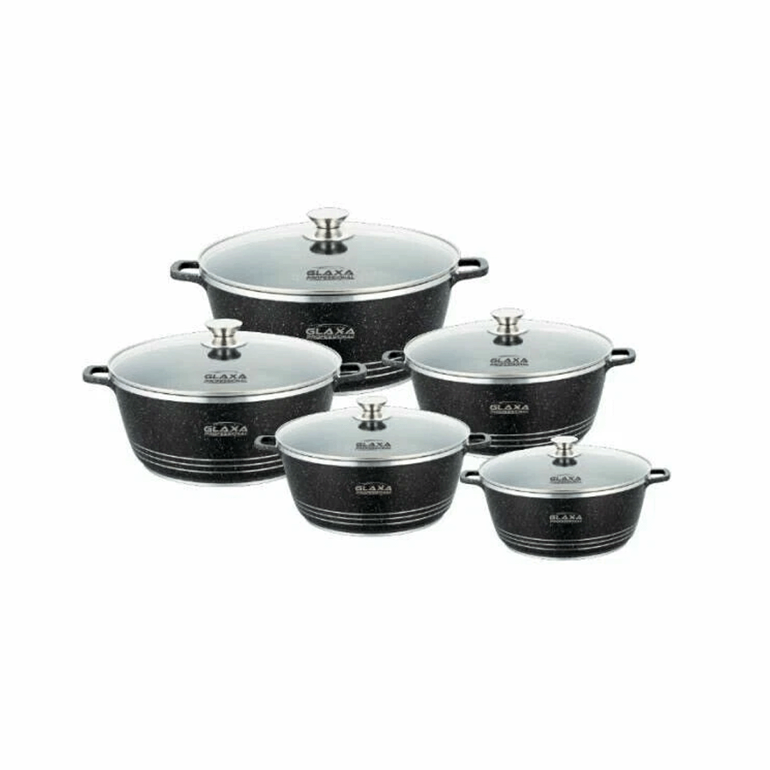 Glaxa 5pc Black Marble Coated Non-Stick Cookware Set – 20, 24, 28, 30 & 32 cm Induction Stockpots with Lids