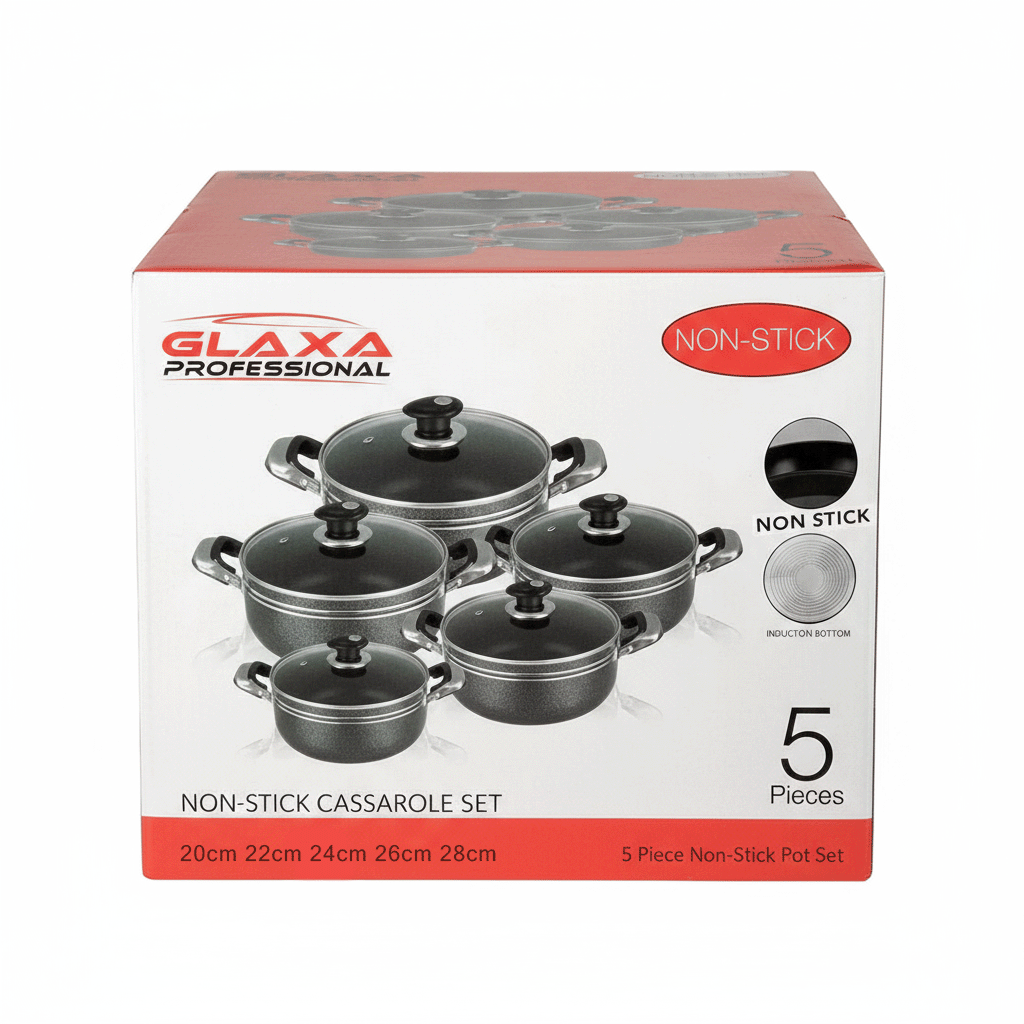 Glaxa 5-Piece Die-Cast Aluminium Non-Stick Casserole Set – Black | Induction & Gas Compatible | With Tempered Glass Lids