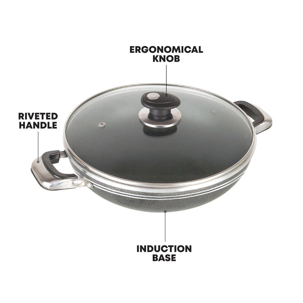 Glaxa Non-Stick Two Handle Wok with Glass Lid 28cm Induction Deep Cooking Karahi Frying Pan
