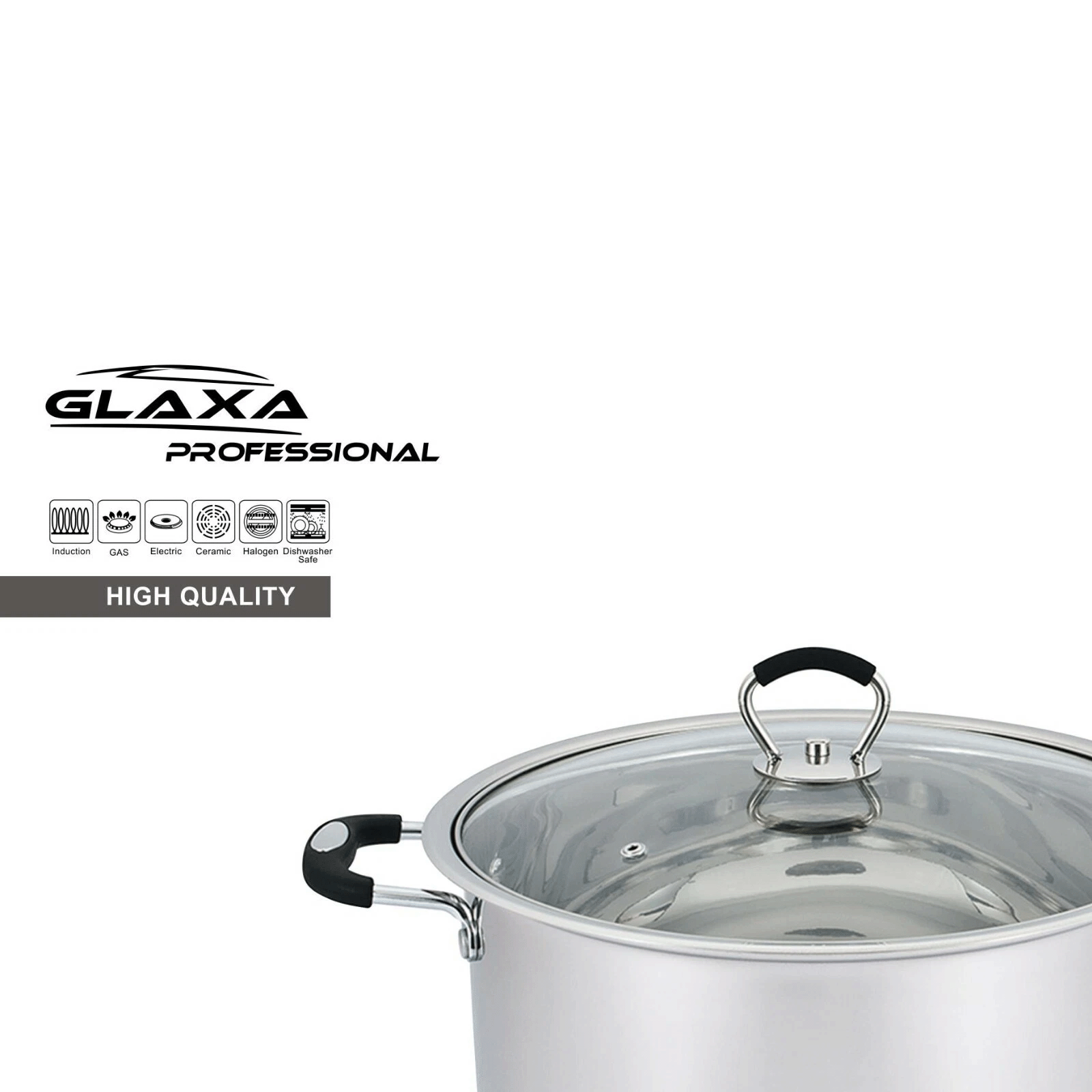 Glaxa Heavy Stainless Steel Casserole Stockpot Set of 4 with Glass Lids – 20cm, 22cm, 24cm, 26cm