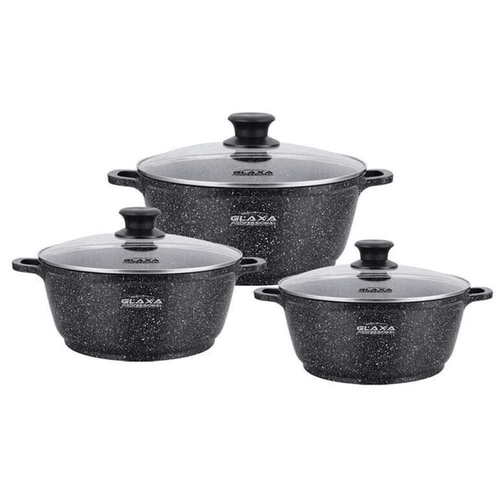 Glaxa 3pc Ceramic Non-Stick Casserole Cooking Pot Set – 36cm, 40cm & 44cm Black Induction Jumbo Cookware