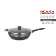 Glaxa Non-Stick Wok with Glass Lid 28cm Deep Frying Pan Induction Cooking Wok with Long Handle
