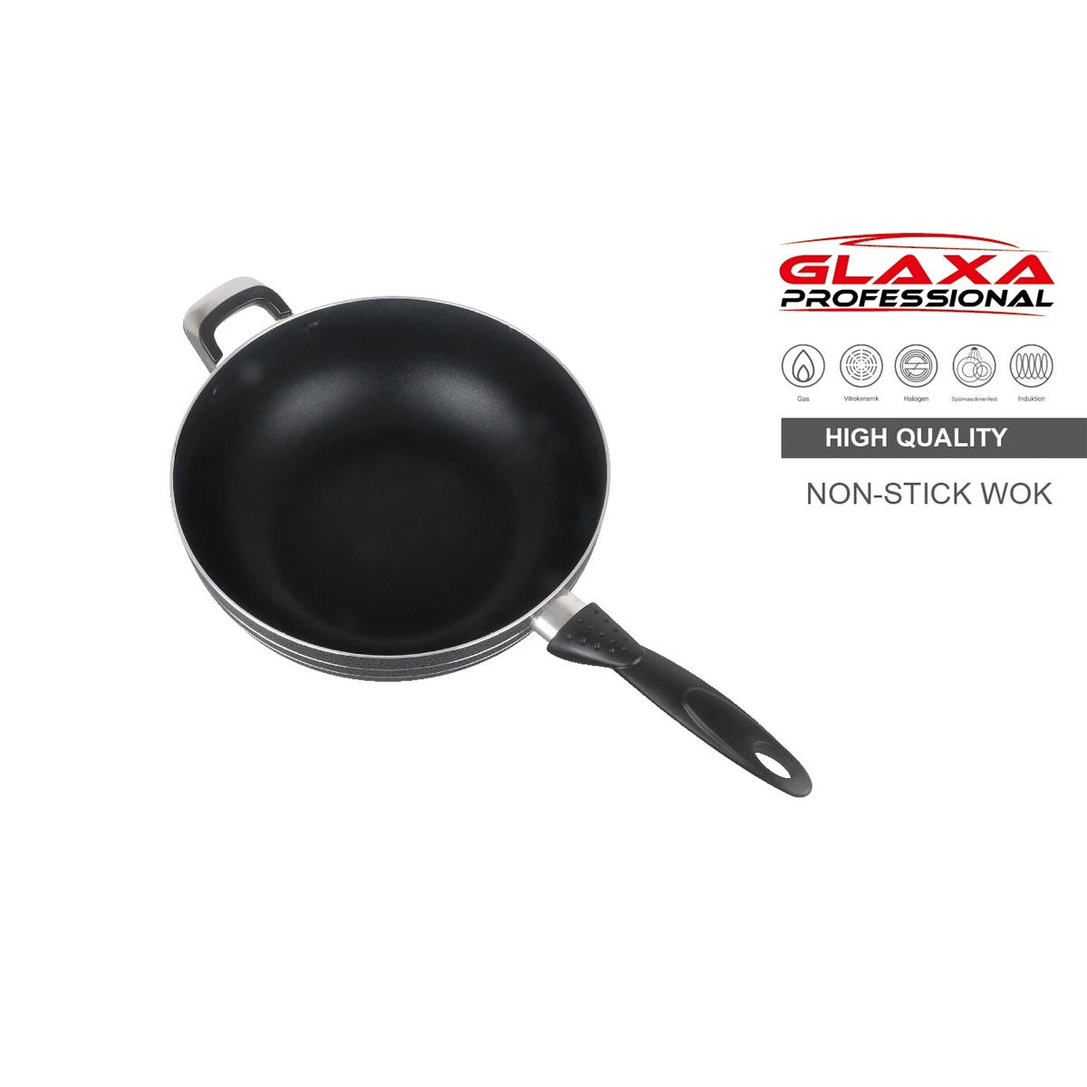 Glaxa Non-Stick Wok with Glass Lid 28cm Deep Frying Pan Induction Cooking Wok with Long Handle