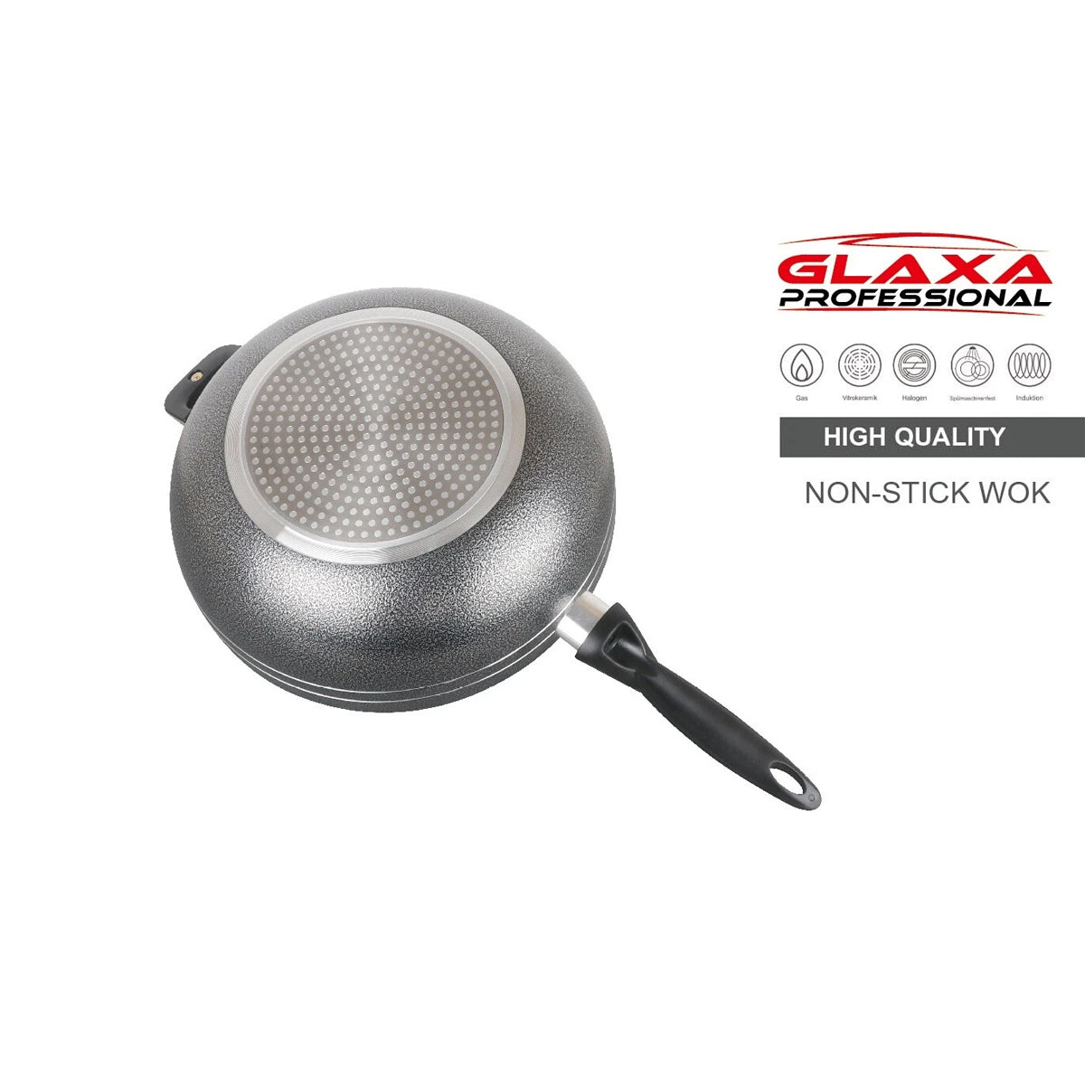 Glaxa Non-Stick Wok with Glass Lid 32cm Deep Frying Pan Induction Cooking Wok with Long Handle