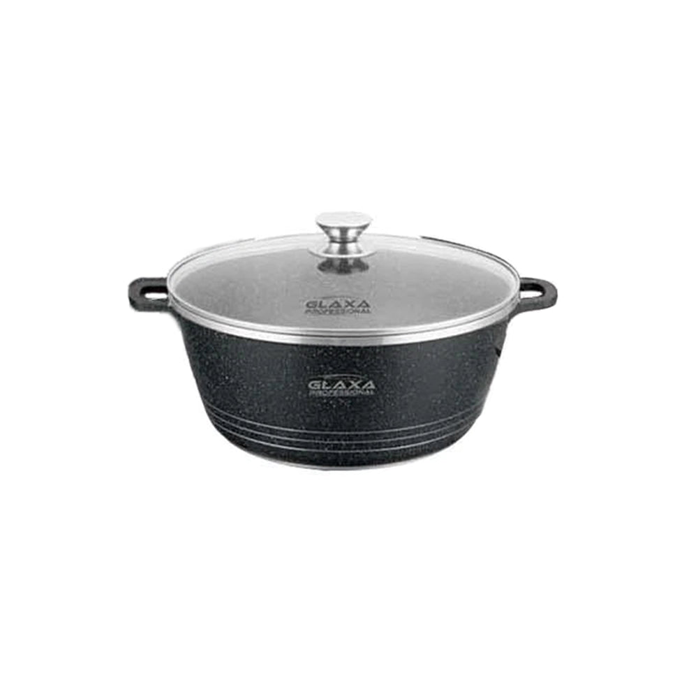 Glaxa Professional 30cm Non-Stick Stockpot with Glass Lid Black Die-Cast Aluminium Casserole Pot Induction Compatible Cooking Pot