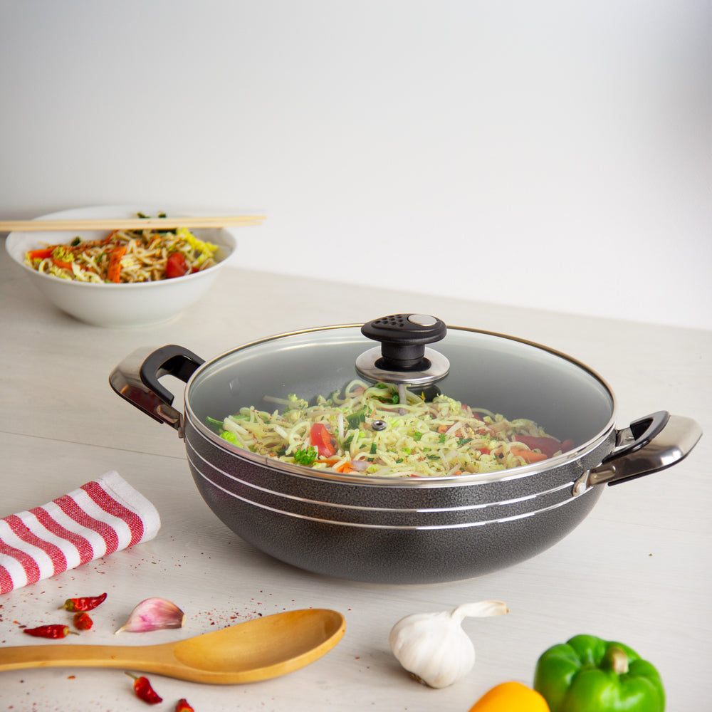 Glaxa Non-Stick Two Handle Wok with Glass Lid 28cm Induction Deep Cooking Karahi Frying Pan