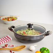 Glaxa Non-Stick Two Handle Wok with Glass Lid 28cm Induction Deep Cooking Karahi Frying Pan
