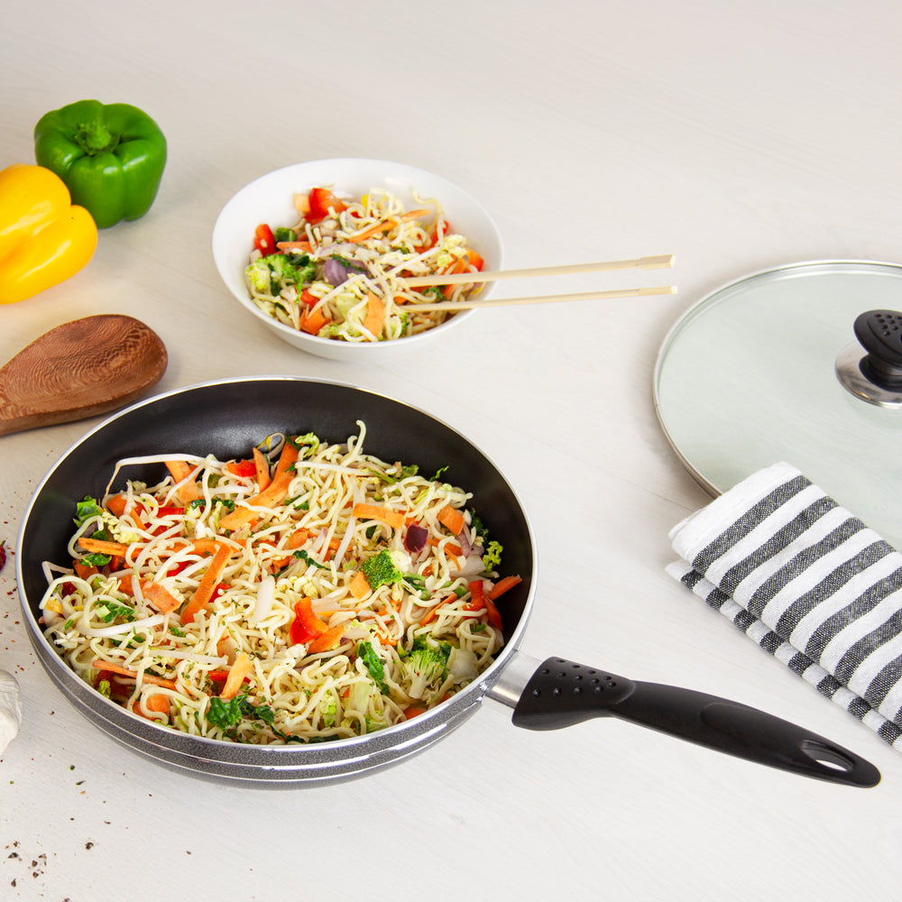 Glaxa Non-Stick Wok with Glass Lid 24cm Deep Frying Pan Induction Cooking Wok with Long Handle