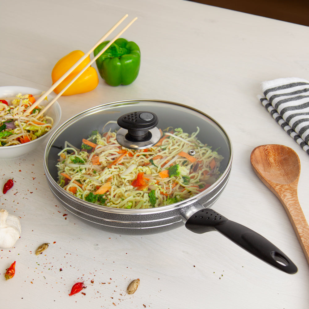 Glaxa Non-Stick Wok with Glass Lid 24cm Deep Frying Pan Induction Cooking Wok with Long Handle