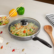 Glaxa Non-Stick Wok with Glass Lid 28cm Deep Frying Pan Induction Cooking Wok with Long Handle