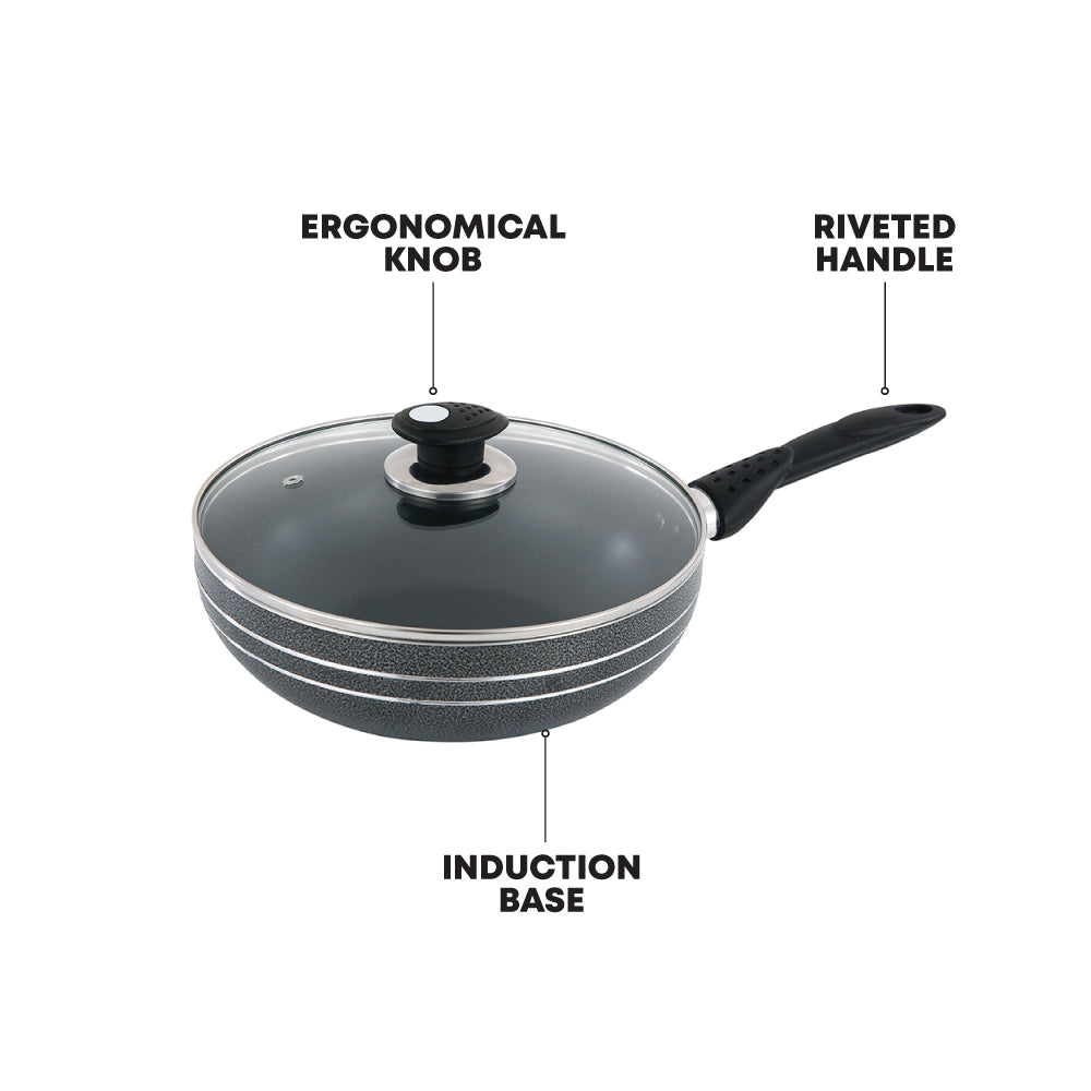 Glaxa Non-Stick Wok with Glass Lid 28cm Deep Frying Pan Induction Cooking Wok with Long Handle