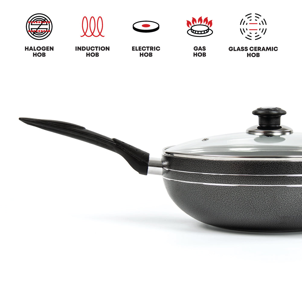 Glaxa Non-Stick Wok with Glass Lid 28cm Deep Frying Pan Induction Cooking Wok with Long Handle