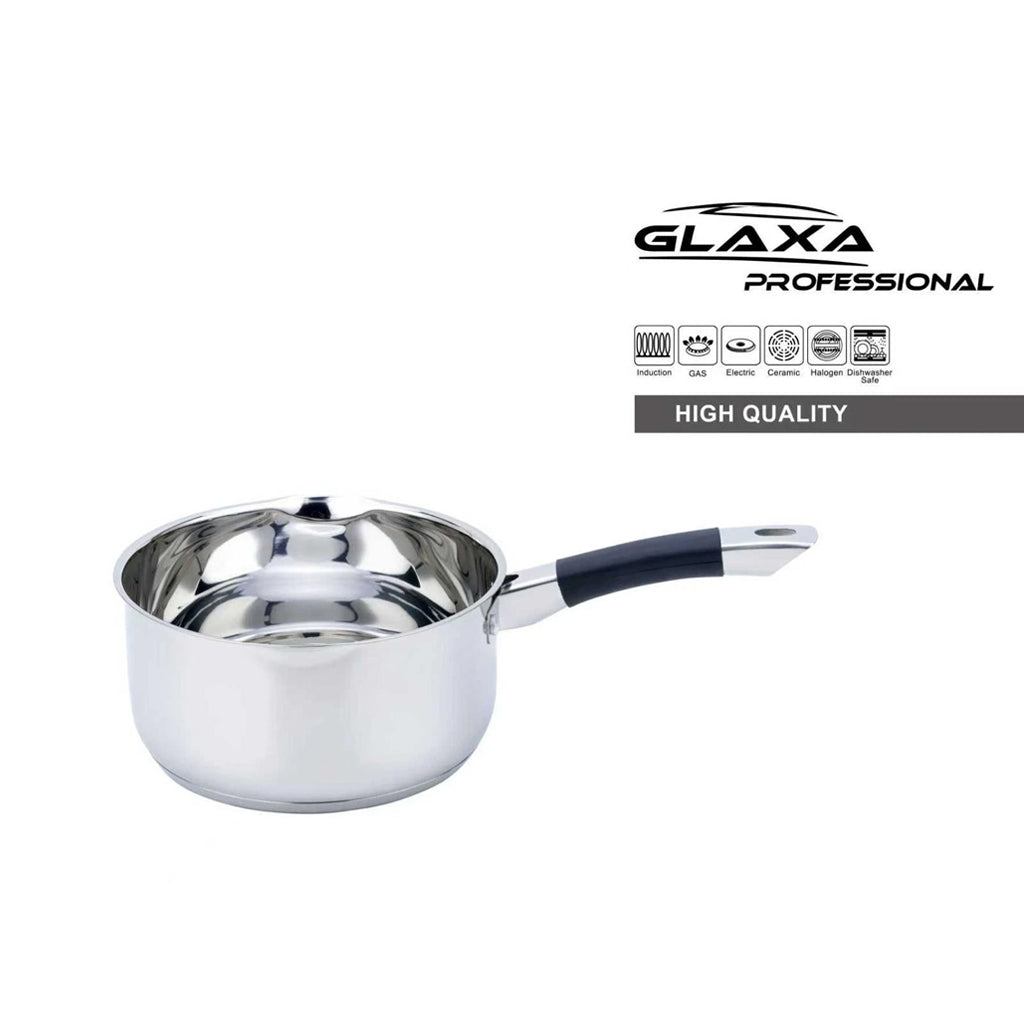 Glaxa Professional Stainless Steel Milk Pan 18cm Induction Saucepan with Double Pour Spouts & Soft Grip Handle