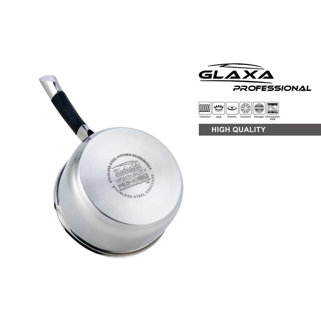 Glaxa Professional Stainless Steel Milk Pan 18cm Induction Saucepan with Double Pour Spouts & Soft Grip Handle
