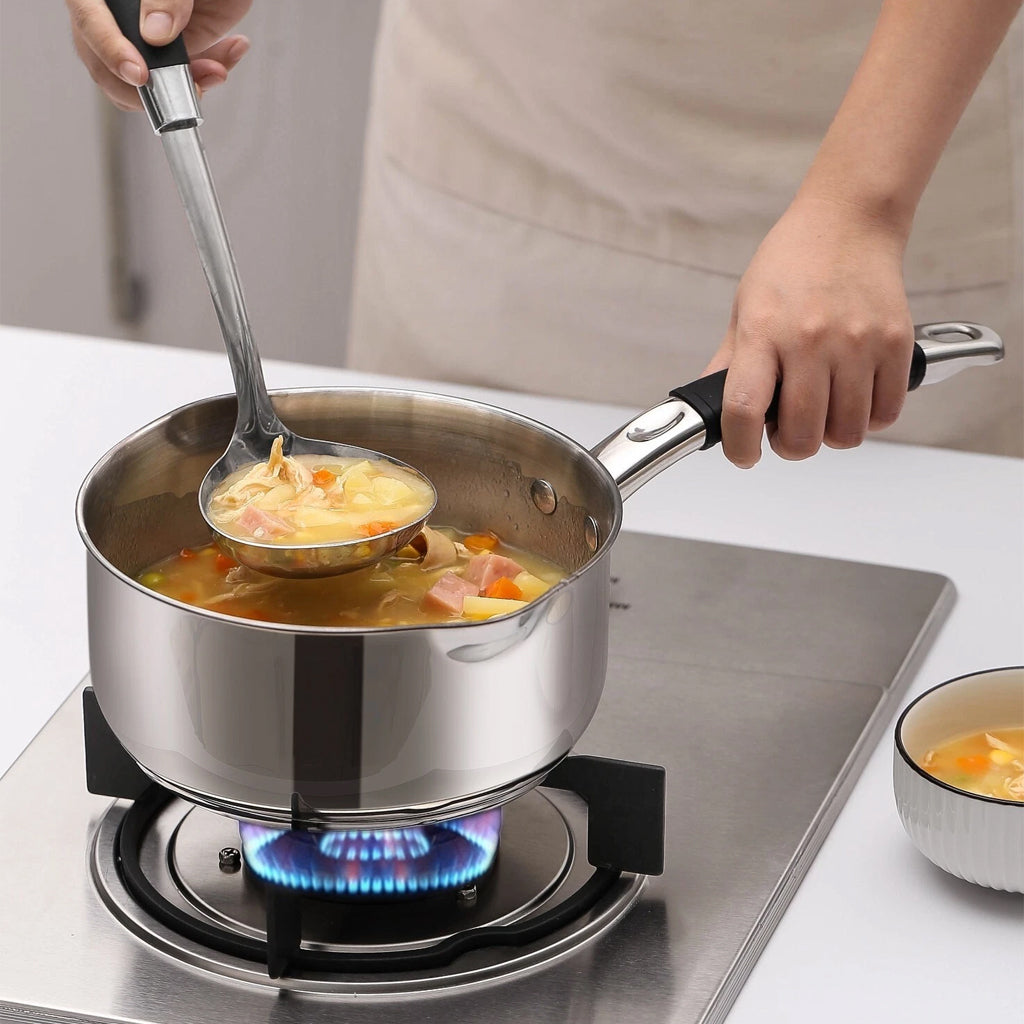 Glaxa Professional Stainless Steel Milk Pan 20cm Induction Saucepan with Double Pour Spouts & Soft Grip Handle