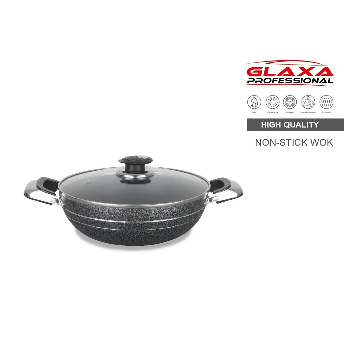 Glaxa Non-Stick Two Handle Wok with Glass Lid 28cm Induction Deep Cooking Karahi Frying Pan