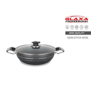 Glaxa Non-Stick Two Handle Wok with Glass Lid 28cm Induction Deep Cooking Karahi Frying Pan