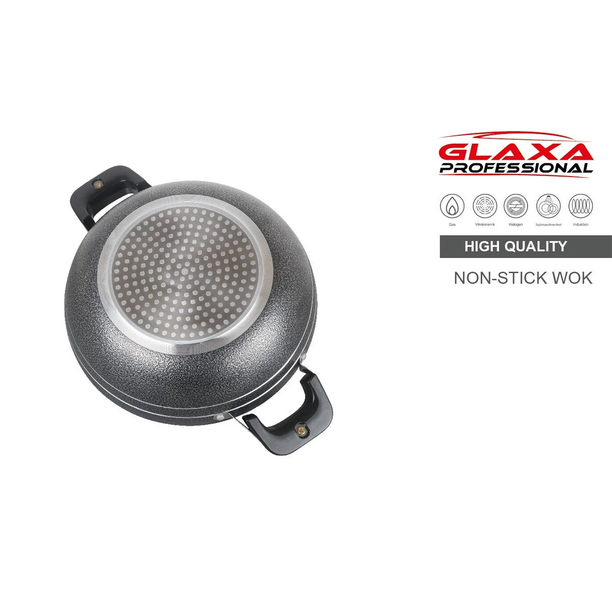 Glaxa Non-Stick Two Handle Wok with Glass Lid 28cm Induction Deep Cooking Karahi Frying Pan