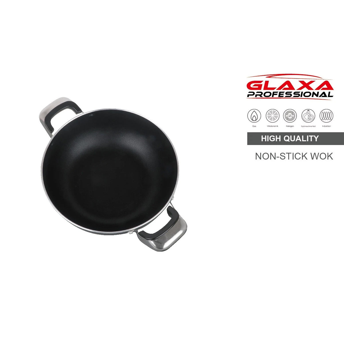 Glaxa Non-Stick Two Handle Wok with Glass Lid 32cm Induction Deep Cooking Karahi Frying Pan