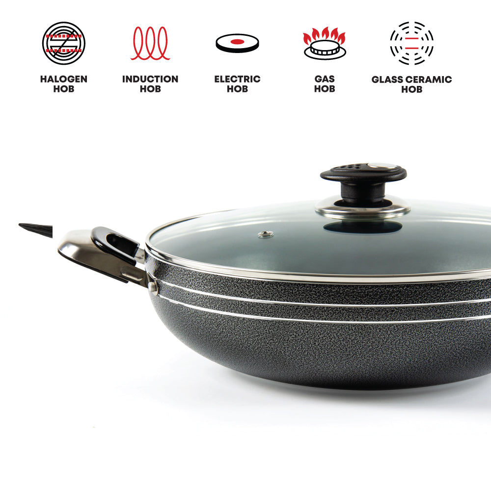 Glaxa Non-Stick Two Handle Wok with Glass Lid 28cm Induction Deep Cooking Karahi Frying Pan