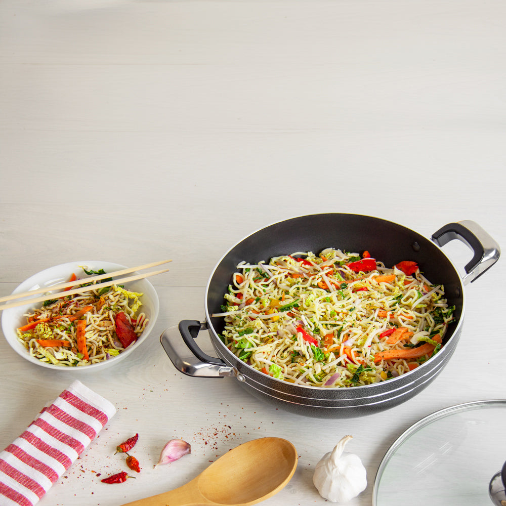 Glaxa Non-Stick Two Handle Wok with Glass Lid 28cm Induction Deep Cooking Karahi Frying Pan