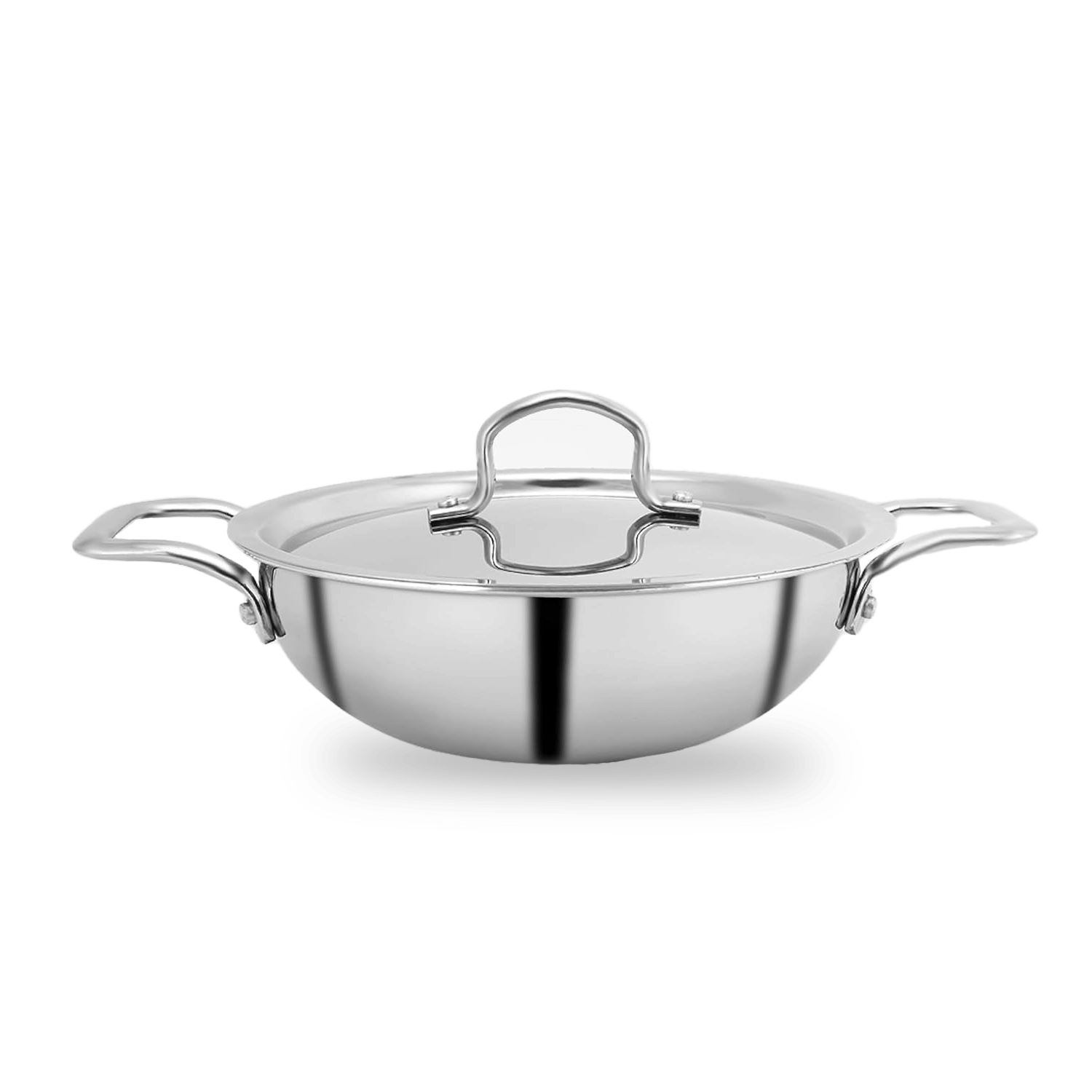 Stainless steel wok with lid on a white background