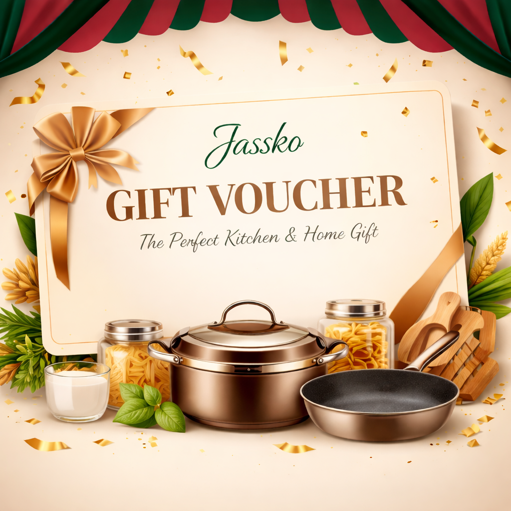 Jassko gift voucher design with kitchen cookware, jars, pan and festive decor on a cream background in square format