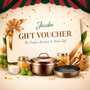 Jassko gift voucher design with kitchen cookware, jars, pan and festive decor on a cream background in square format