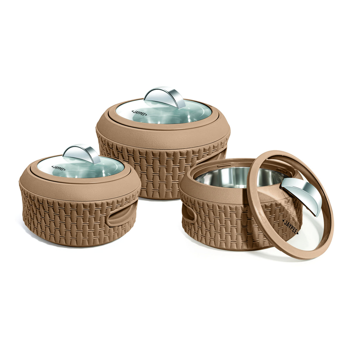 Jaypee Baskerole Klass Brown Casserole Set of 3 with Stainless Steel Inner and Glass Lids