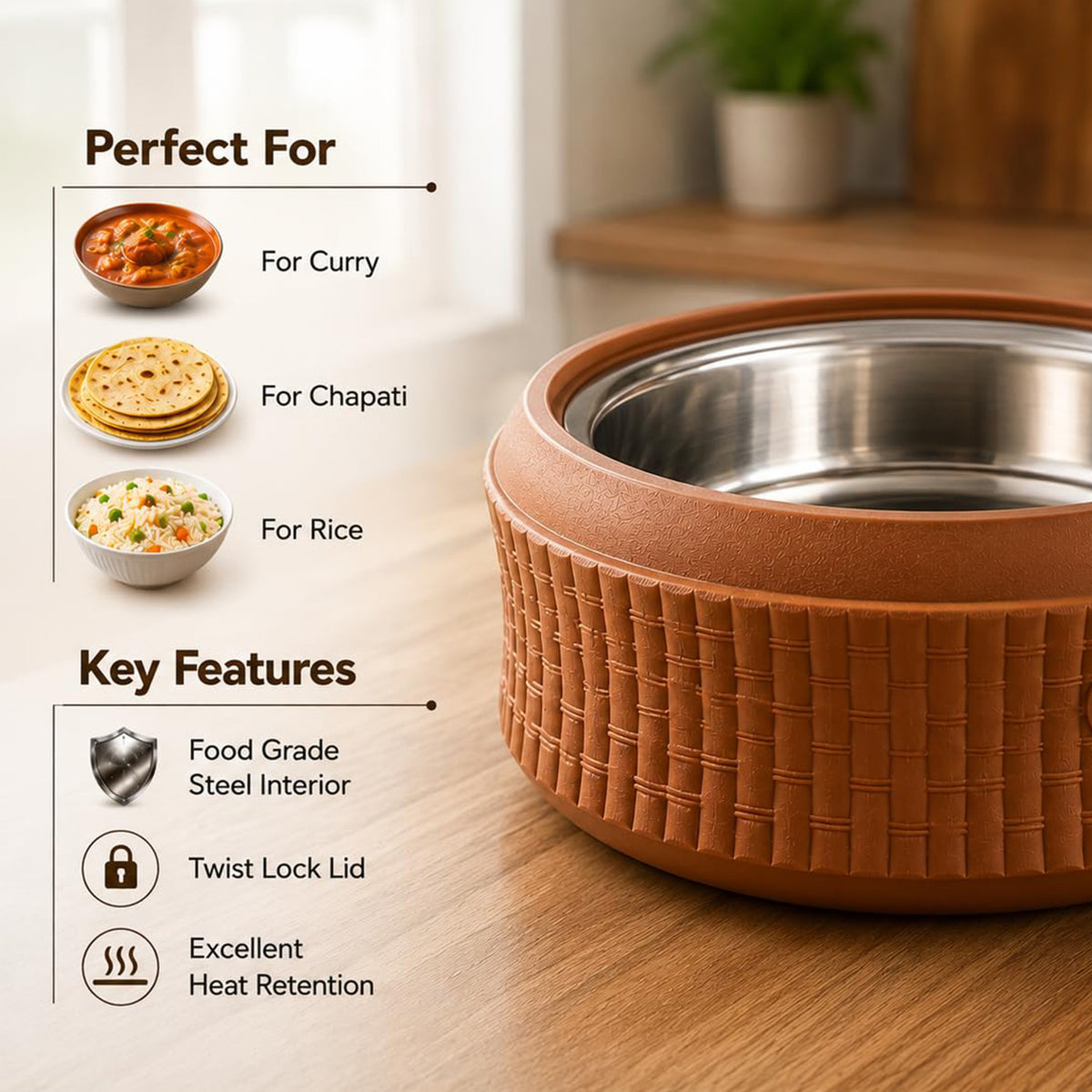 Jaypee Baskerole Klass PU Insulated Stainless Steel Inner Casserole Set of 3 – 1000, 1500 & 2000 ml – Brown