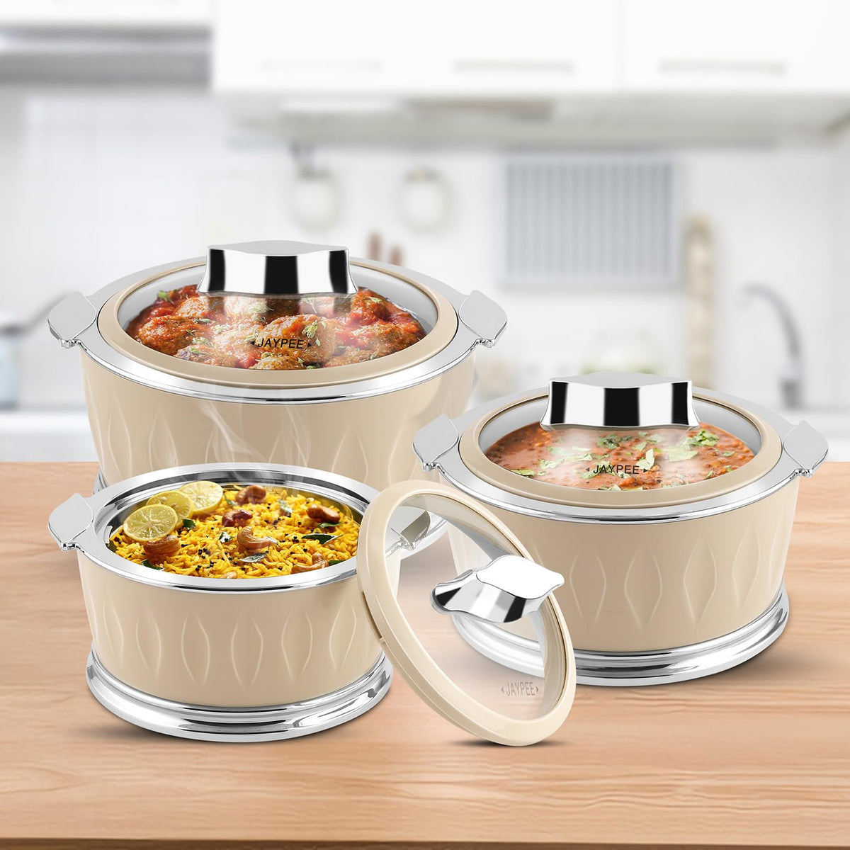 Jaypee Dazzle Stainless Steel Inner Casserole Set of 3 Beige 1000ml 1500ml 2000ml