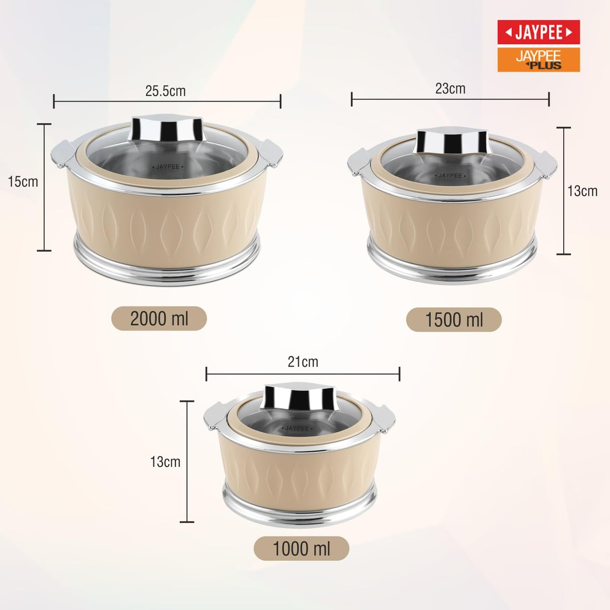Jaypee Dazzle PU Insulated Stainless Steel Inner Casserole Set of 3 – 1000ml + 1500ml + 2000ml – Toughened Glass Lid – Beige