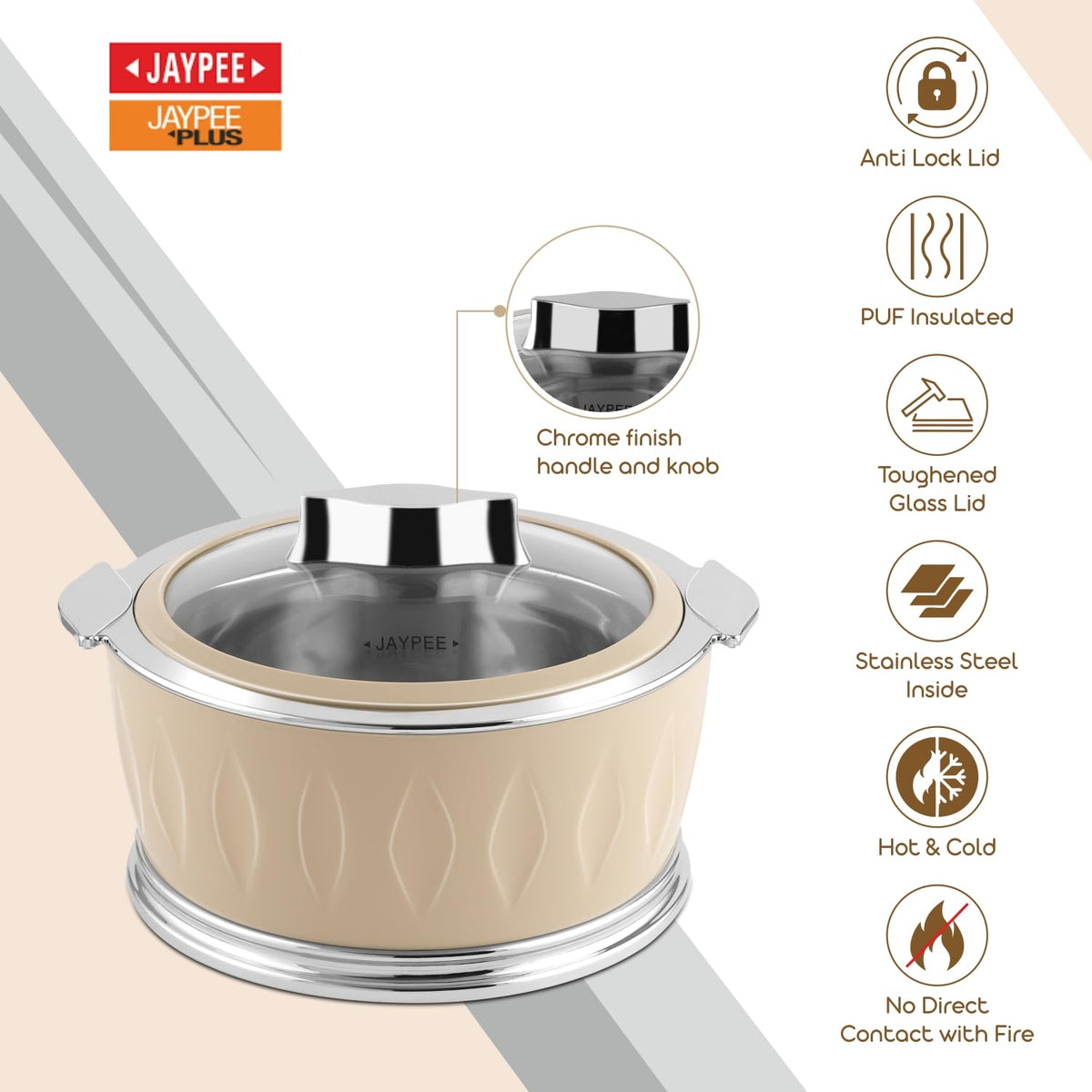 Jaypee Dazzle PU Insulated Stainless Steel Inner Casserole Set of 3 – 1000ml + 1500ml + 2000ml – Toughened Glass Lid – Beige