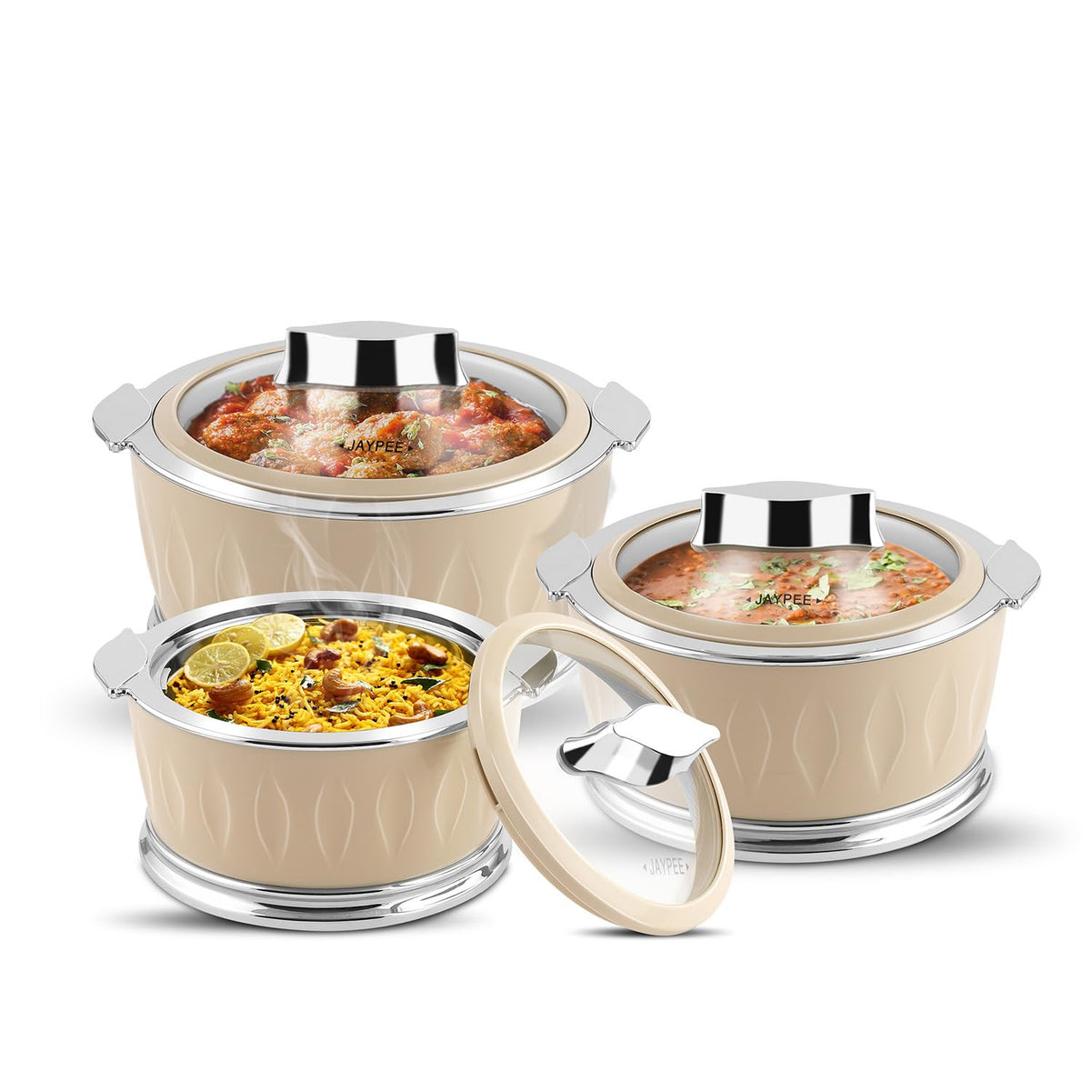 Jaypee Dazzle PU Insulated Stainless Steel Inner Casserole Set of 3 – 1000ml + 1500ml + 2000ml – Toughened Glass Lid – Beige