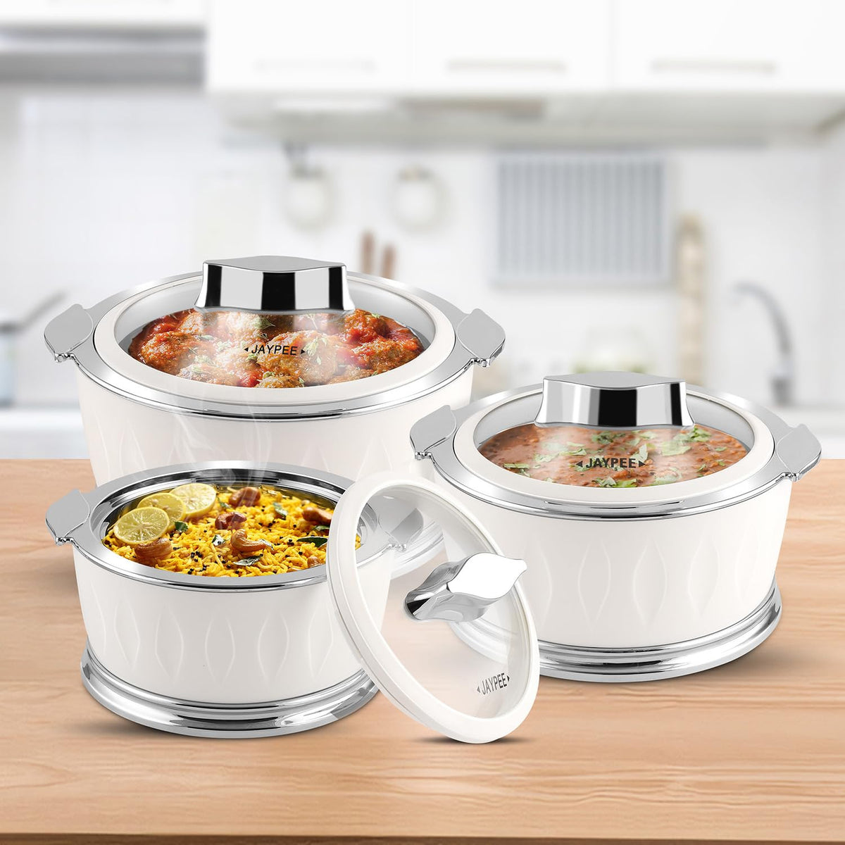 Jaypee Dazzle Stainless Steel Inner Casserole Set of 3 White 1000ml 1500ml 2000ml