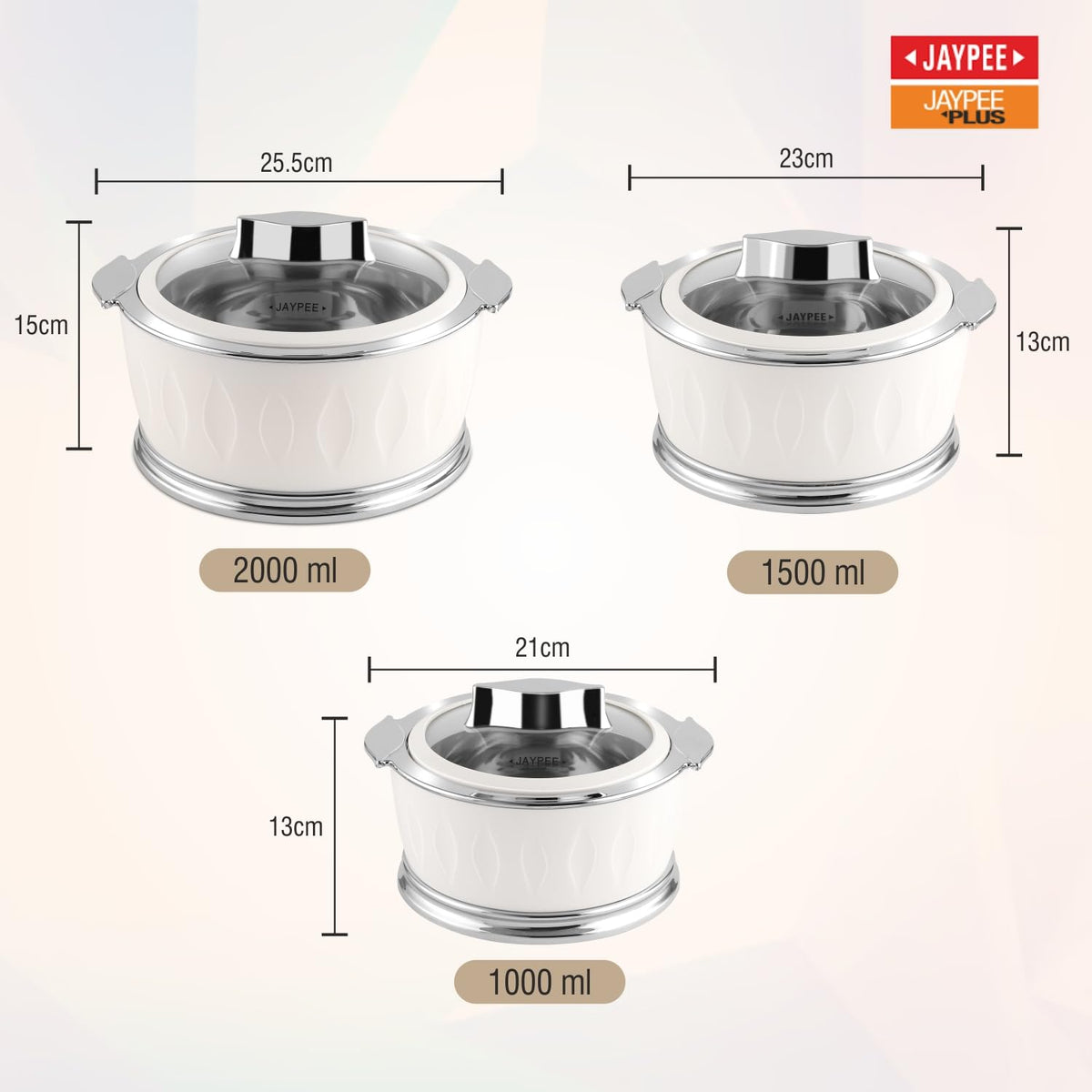 Jaypee Dazzle Stainless Steel Inner Casserole Set of 3 – 1000ml + 1500ml + 2000ml – Lockable Toughened Glass Lid – PU Insulated – White