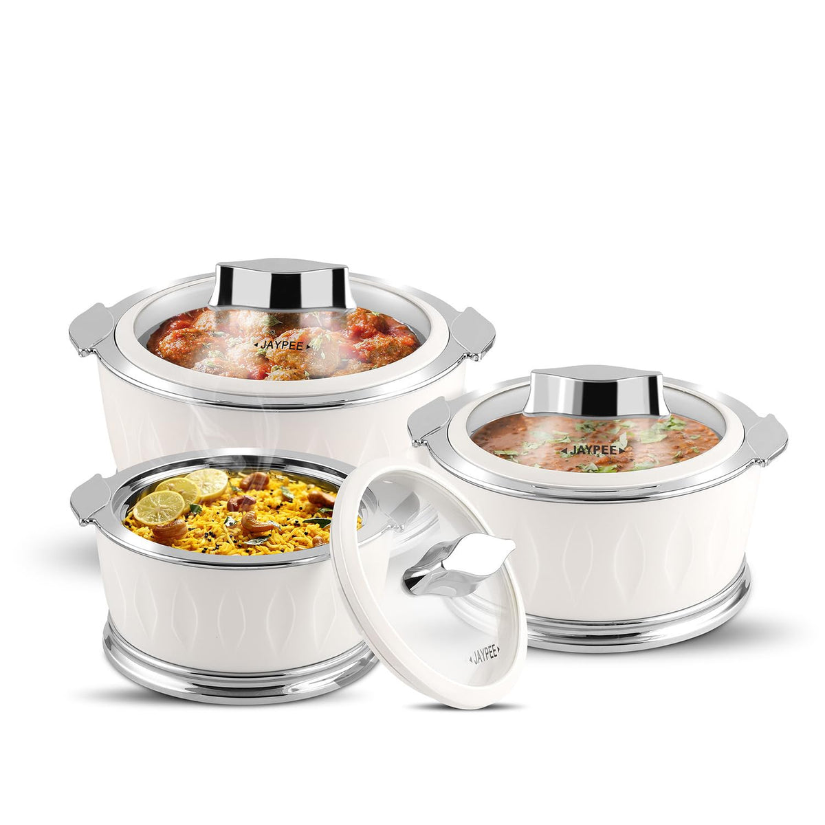 Jaypee Dazzle Stainless Steel Inner Casserole Set of 3 – 1000ml + 1500ml + 2000ml – Lockable Toughened Glass Lid – PU Insulated – White