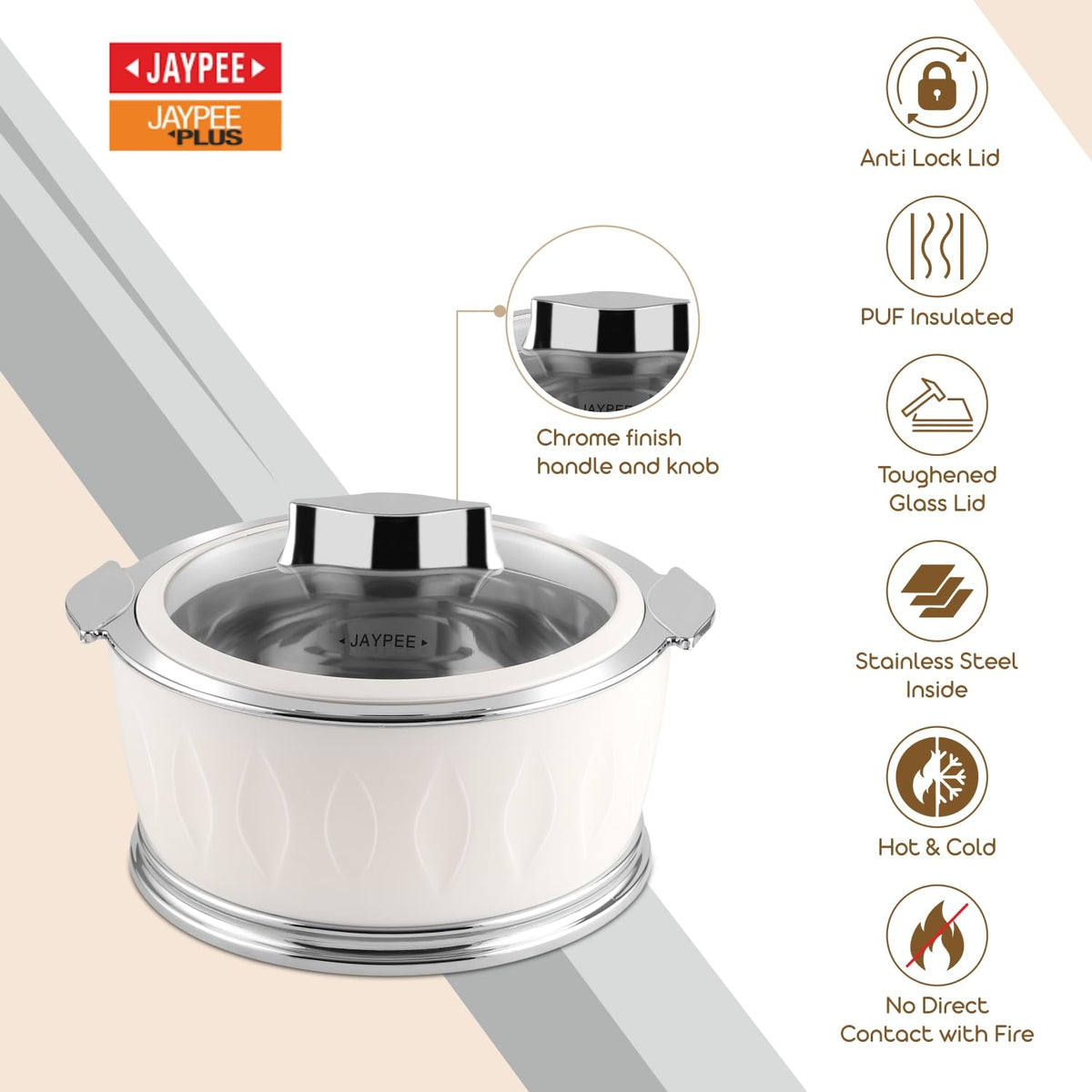 Jaypee Dazzle Stainless Steel Inner Casserole Set of 3 – 1000ml + 1500ml + 2000ml – Lockable Toughened Glass Lid – PU Insulated – White