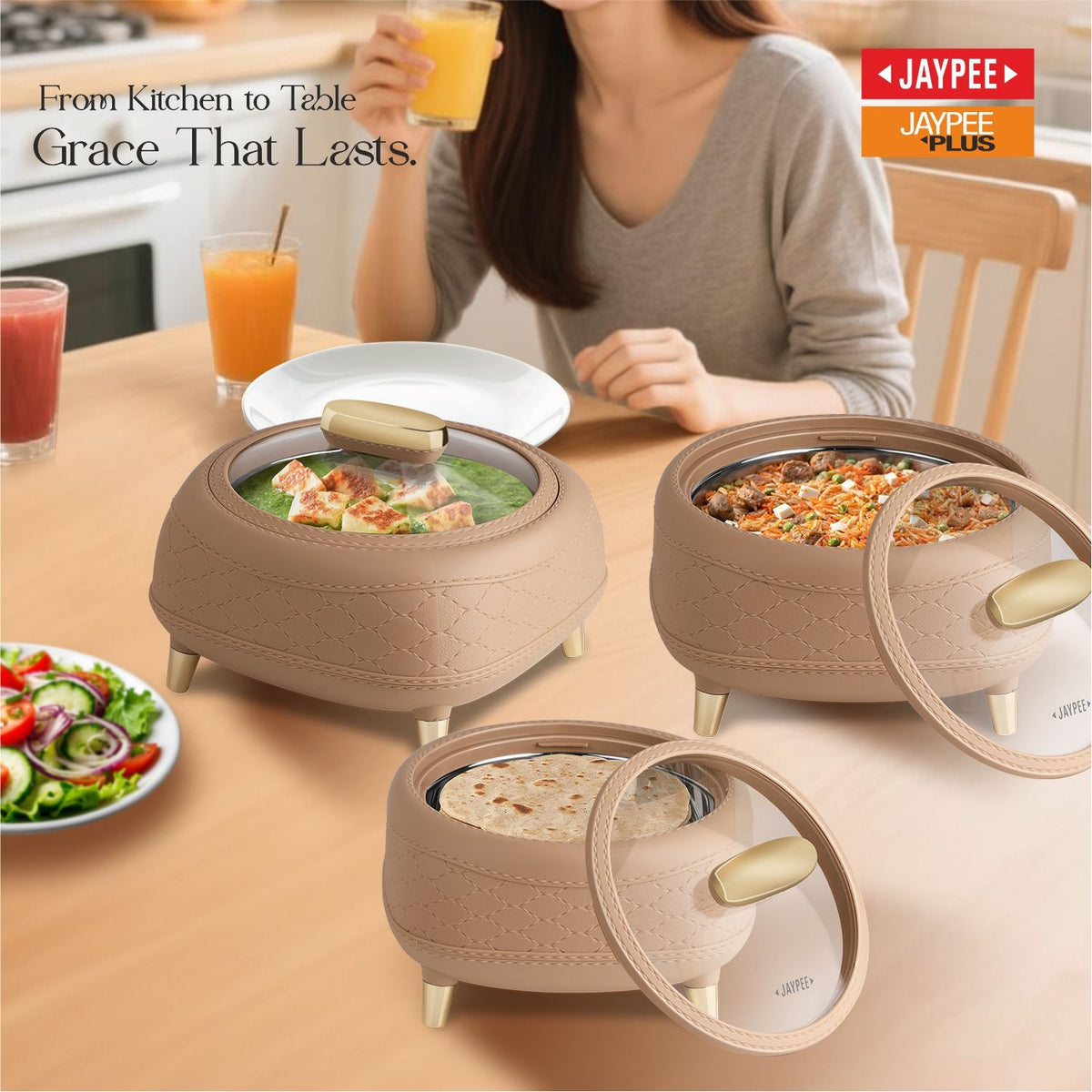 Jaypee Kingston Klass PU Insulated Stainless Steel Casserole Set of 3 - 1500ml, 2000ml & 2500ml - Brown