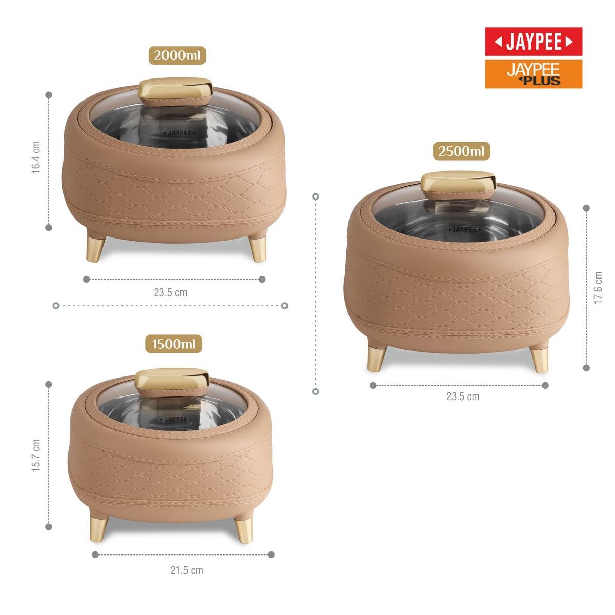 Jaypee Kingston Klass PU Insulated Stainless Steel Casserole Set of 3 - 1500ml, 2000ml & 2500ml - Brown