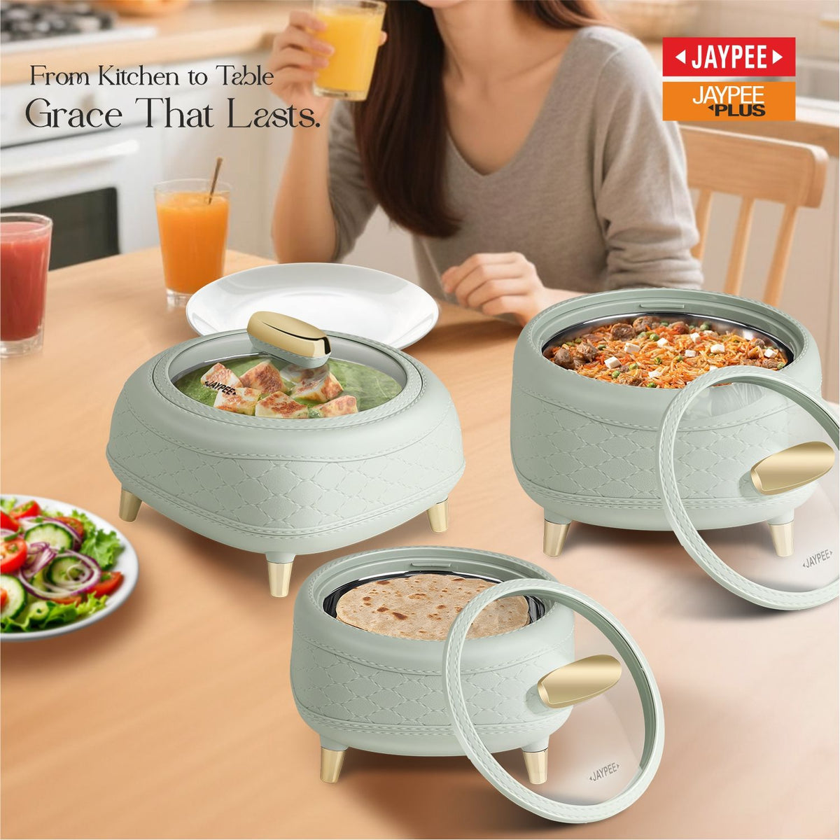 Jaypee Kingston Klass PU Insulated Stainless Steel Casserole Set of 3 - 1500ml, 2000ml & 2500ml - Pista Green