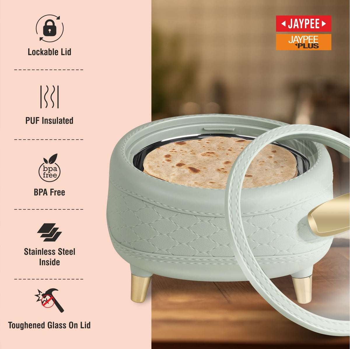 Jaypee Kingston Klass PU Insulated Stainless Steel Casserole Set of 3 - 1500ml, 2000ml & 2500ml - Pista Green