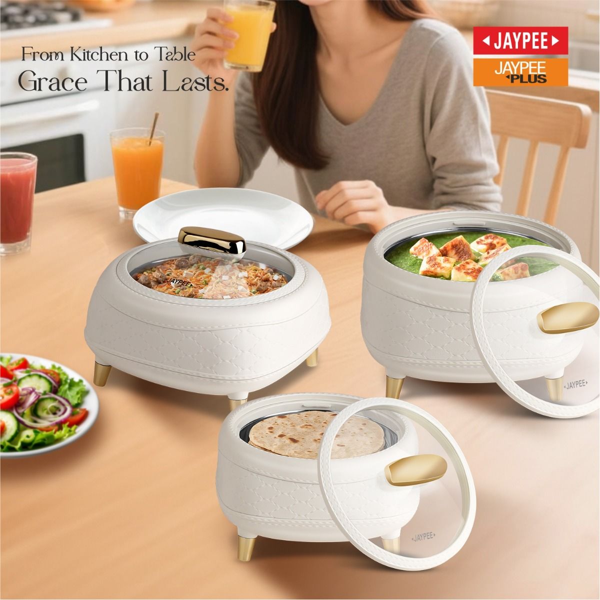 Jaypee Kingston Klass PU Insulated Stainless Steel Casserole Set of 3 - 1500ml, 2000ml & 2500ml - White