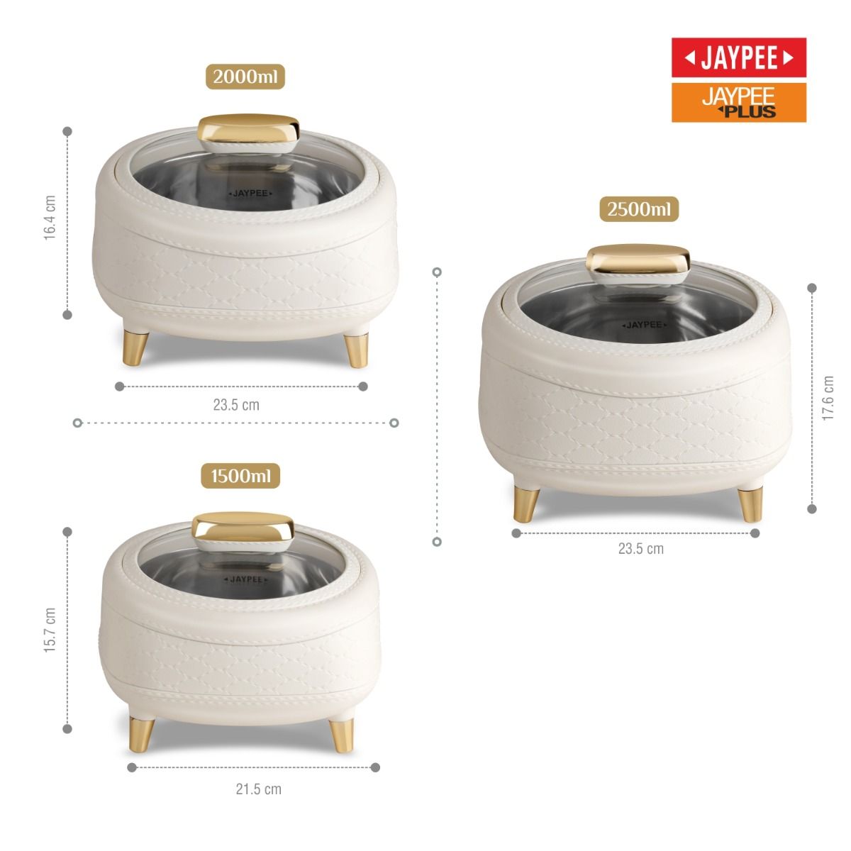 Jaypee Kingston Klass PU Insulated Stainless Steel Casserole Set of 3 - 1500ml, 2000ml & 2500ml - White
