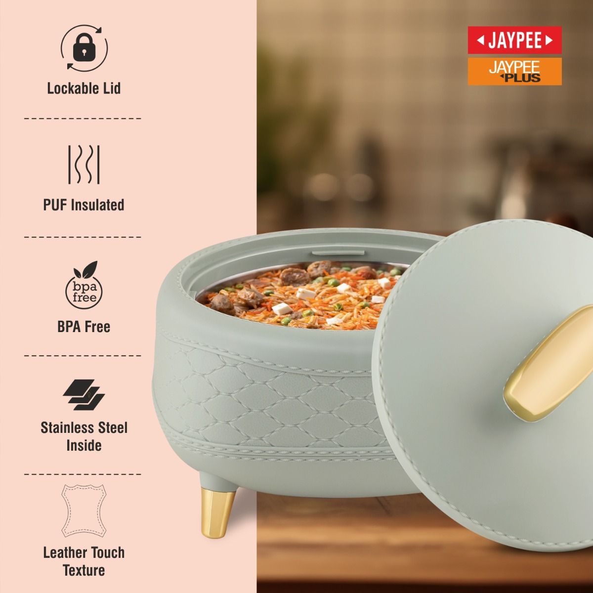 Jaypee Kingston PU Insulated Stainless Steel Inner Casserole Set of 3 – 1500 + 2000 + 2500ml – Pista Green