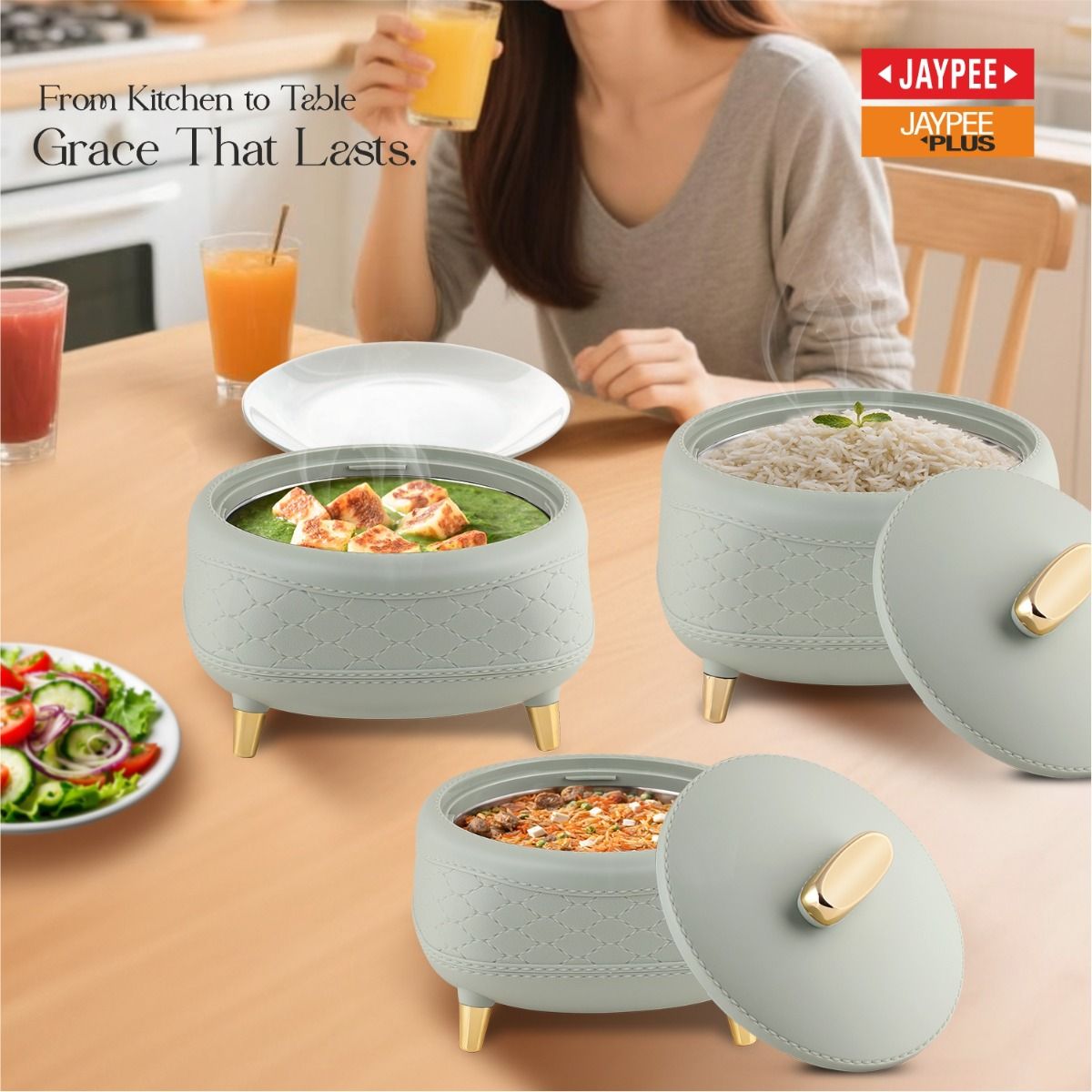 Jaypee Kingston PU Insulated Stainless Steel Inner Casserole Set of 3 – 1500 + 2000 + 2500ml – Pista Green