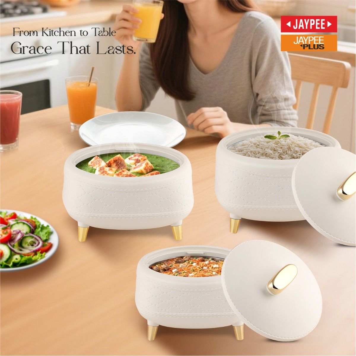 Jaypee Kingston PU Insulated Stainless Steel Inner Casserole Set of 3 – 1500 + 2000 + 2500ml – White